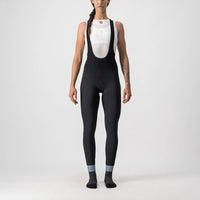 Women's Castelli Tutto Nano Bibtight in black, featuring a sleek design with reflective bands and embossed logos for a tech-savvy look.