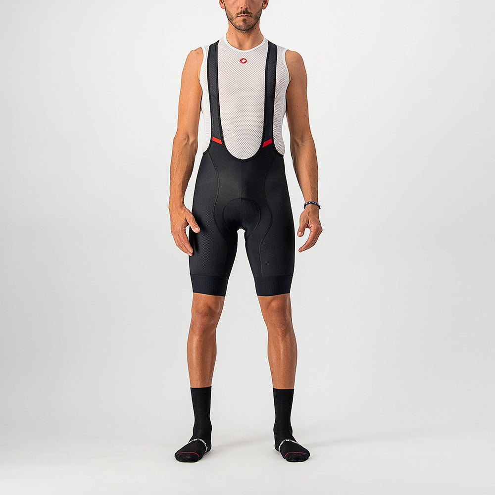 Sleek black Castelli Competizione Bibshorts with textured Vortex fabric on the legs and comfortable mesh straps for cycling.
