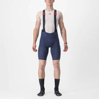 Sleek black Castelli Premio Bibshorts with minimal seams, raw-cut leg endings, and subtle laser-etched logos for premium cycling comfort.