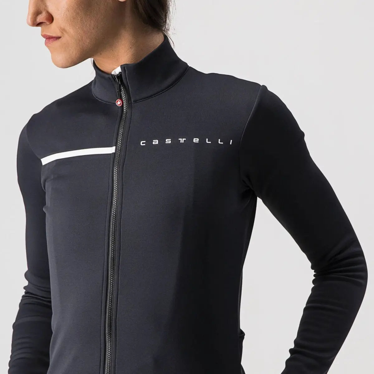 Women's Castelli Sinergia 2 Jersey in a sleek design, featuring warm fabric, a bold chest logo, and reflective piping.