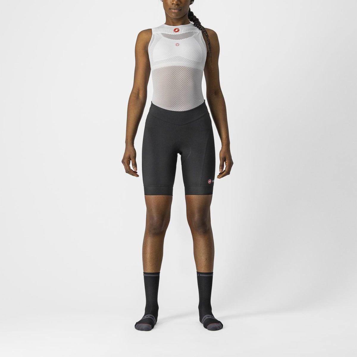 Women's Castelli Endurance Shorts in black, showcasing a sleek, anatomic fit with soft elastic waist and leg grippers for comfort.