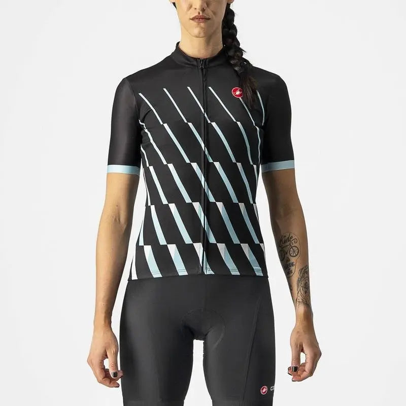 Vibrant women's Castelli Pendio Jersey showcasing a climbing-inspired graphic, breathable mesh panels, and sleek raw-cut sleeves.