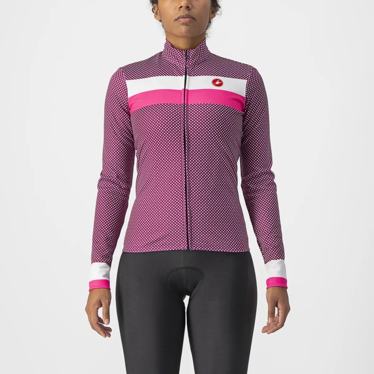Vibrant Castelli Volare LS Women's Jersey in a bold graphic print, showcasing a snug fit and cozy brushed-fleece interior.