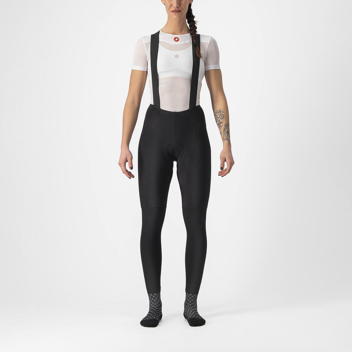 Women's Castelli Free Aero RC W DT Bibtight in black, showcasing stretchy Nano Flex fabric and reflective leg tabs for winter cycling comfort.
