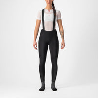 Women's Castelli Free Aero RC W DT Bibtight in black, showcasing stretchy Nano Flex fabric and reflective leg tabs for winter cycling comfort.