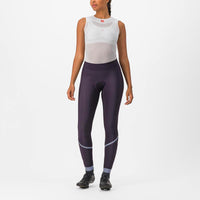 Cozy women’s Castelli Velocissima Thermal Tights in black, featuring a soft fleece lining, reflective leg band, and ankle zippers for warmth on cool winter rides.