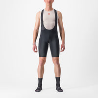 Sleek black Castelli Entrata 2 Bibshorts with a matte finish, featuring mesh straps and reflective panels on the legs.