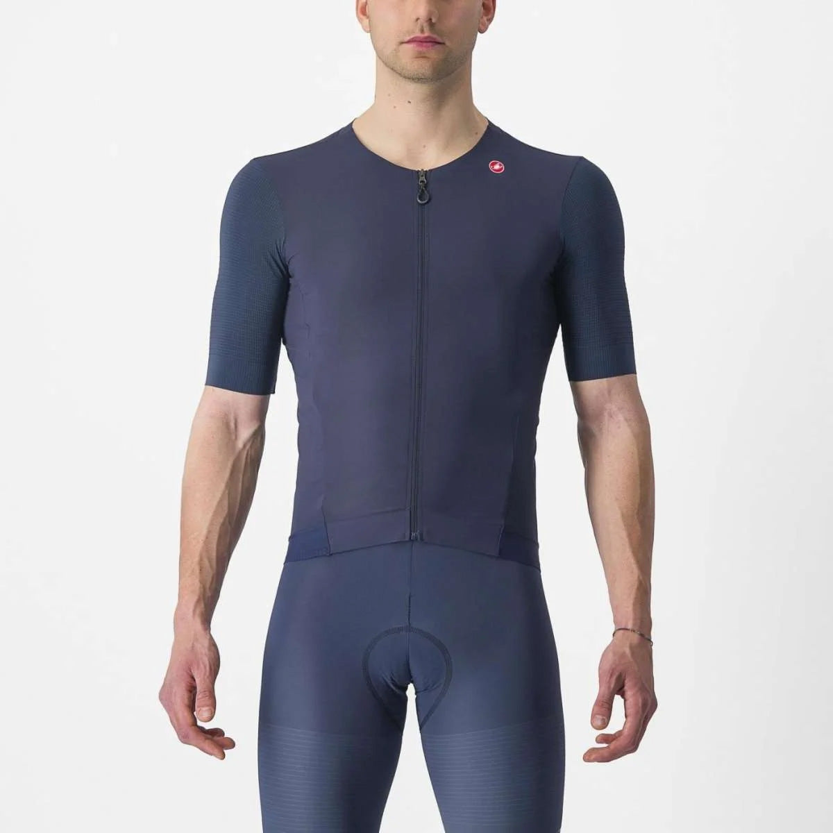 Sleek Castelli Premio Black Jersey showcasing a lightweight, stretchy design with ribbed sleeves and a smooth, premium finish.
