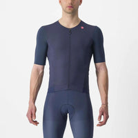 Sleek Castelli Premio Black Jersey showcasing a lightweight, stretchy design with ribbed sleeves and a smooth, premium finish.