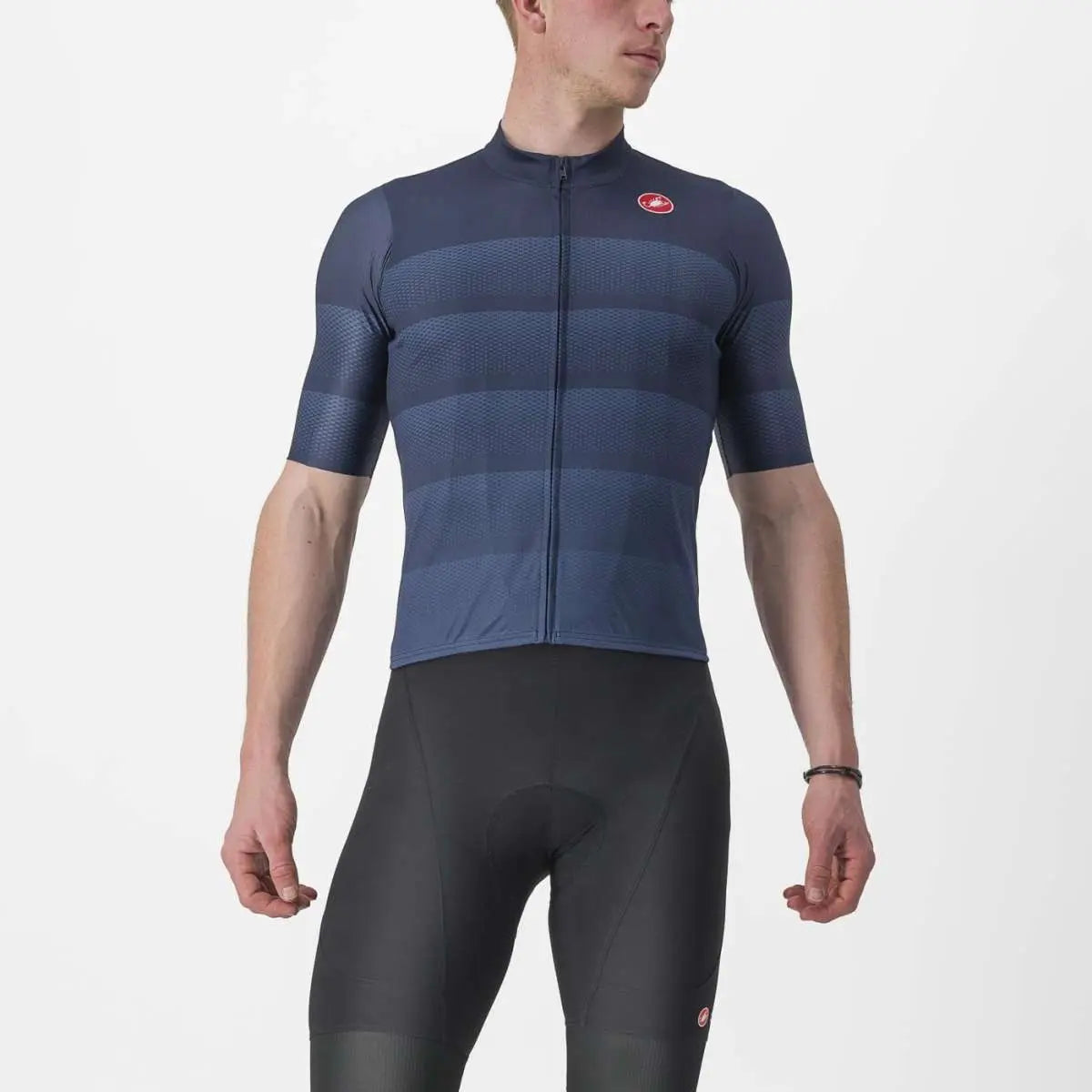 Vibrant Castelli Livelli Jersey in action, showcasing breathable ProSecco Micromesh fabric and sleek raw-cut sleeves.