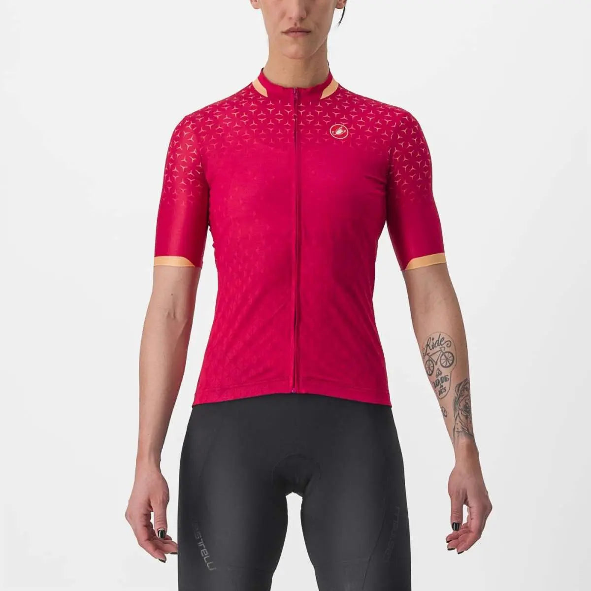 Vibrant Castelli Pezzi Jersey for women, showcasing a dynamic design with falling pieces, crafted in breathable micromesh fabric.
