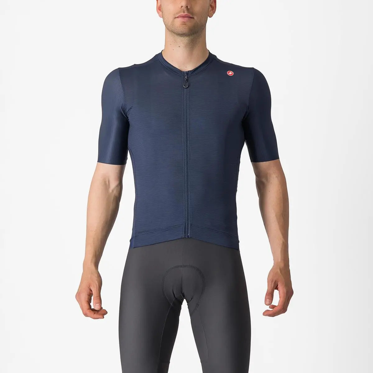 Vibrant Castelli Espresso Jersey in a sleek, tailored fit, showcasing breathable Air_O Stretch fabric and raw-cut sleeves.