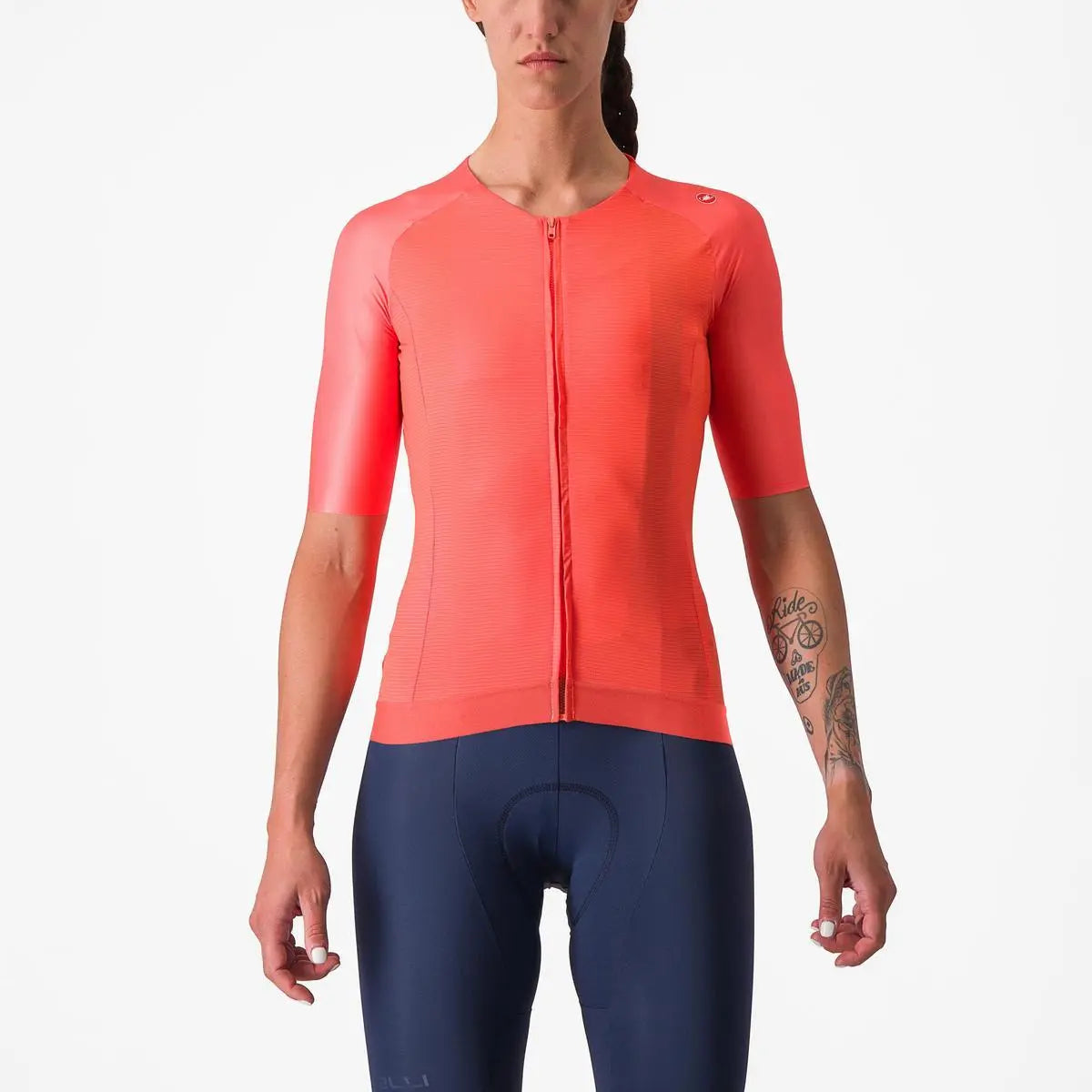 Vibrant Castelli Aero Pro 7.0 Women's Jersey in a sleek, form-fitting design, showcasing aerodynamic seams and bold colors for high-speed cycling.