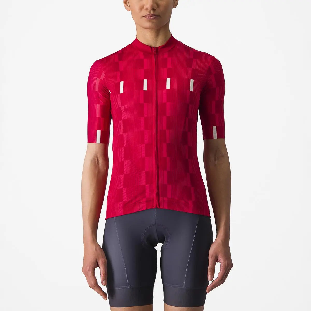 Vibrant women's Castelli Dimensione Jersey with a bold graphic print, featuring breathable micromesh fabric and a sleek fit.
