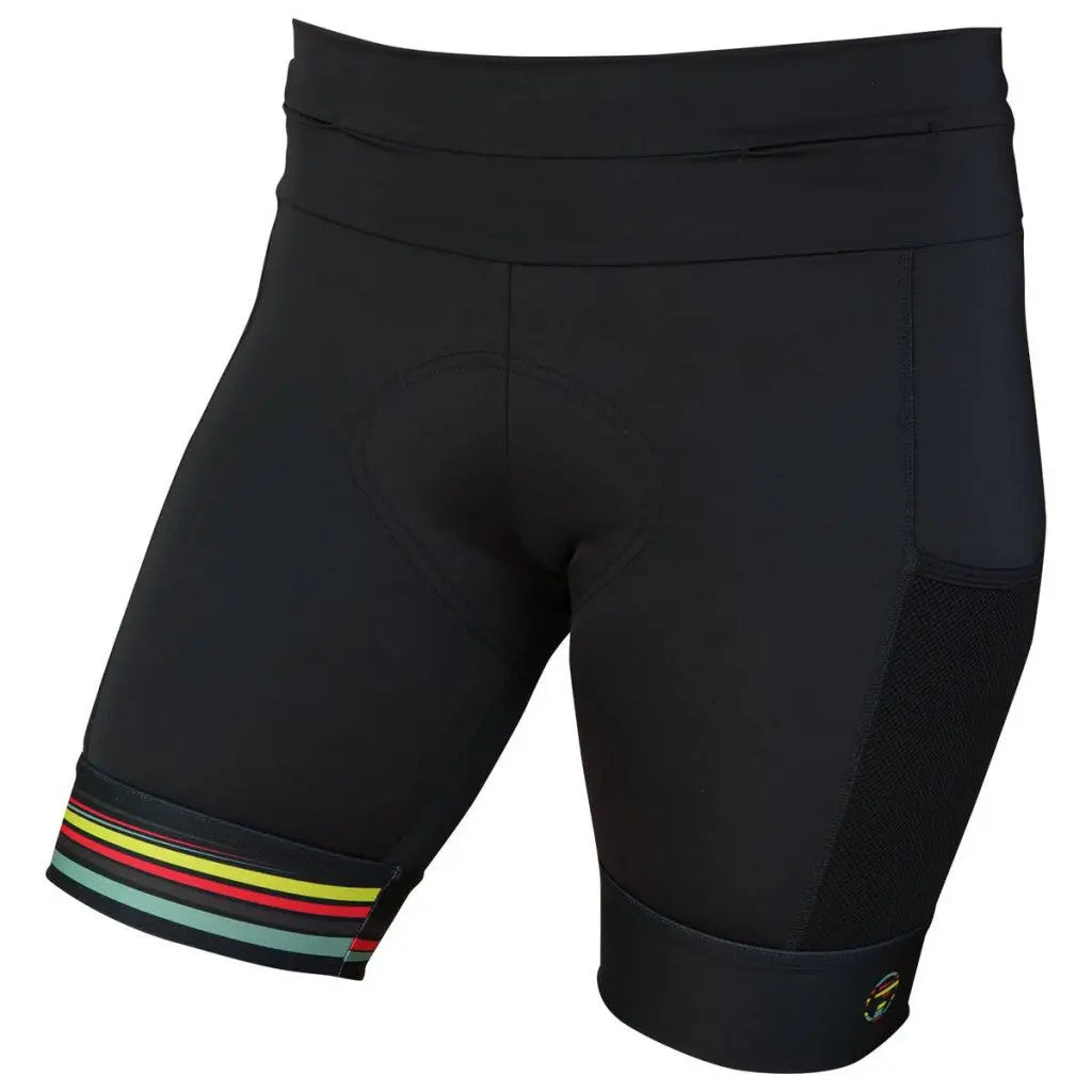 Women's Spectrum Adventure Shorts in vibrant colors, featuring stretchy fabric, multiple pockets, and padded chamois for cycling comfort.