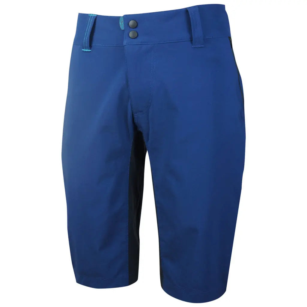 Navy Enduro Shorts in a deep blue hue, crafted with durable, stretchy fabric, featuring zipped hip pockets and a secure double dome waist closure.