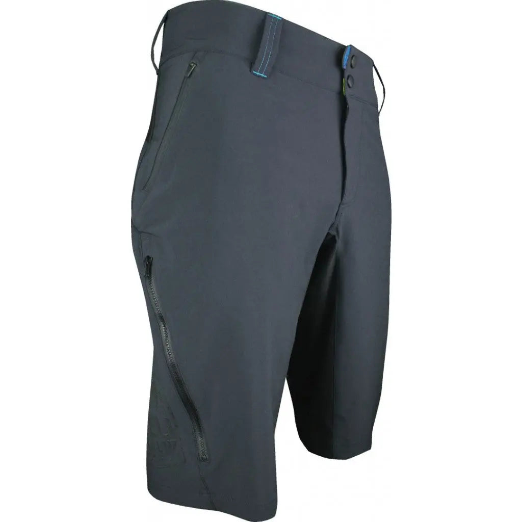 Durable Enduro Shorts in action, showcasing stretchy fabric, zipped hip pockets, and a sleek waist closure for trail riding.
