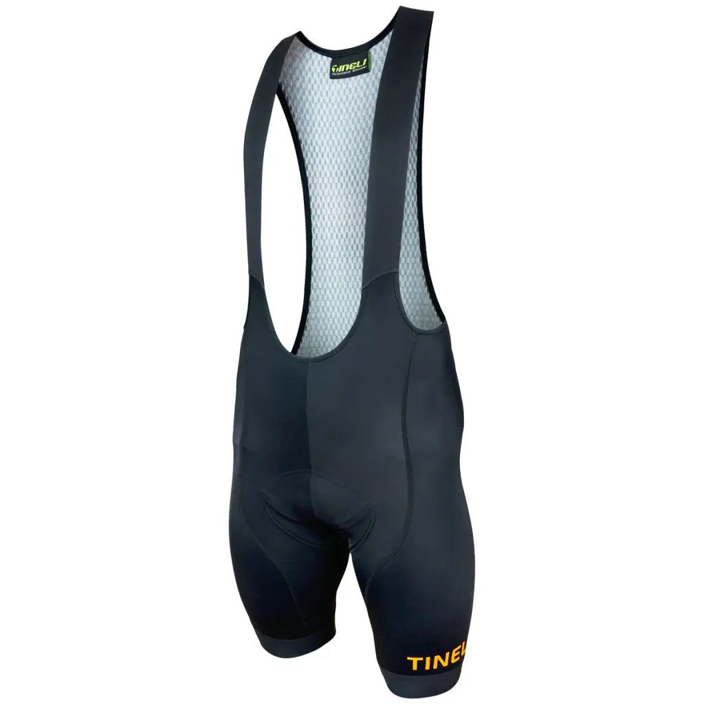 Stylish Black Orange Pro Elite Core Bibs featuring durable 240gsm lycra, power straps, and a breathable waffle back panel.