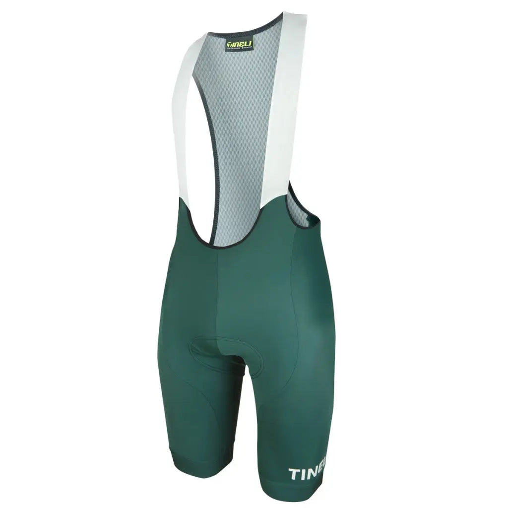 Stylish dark green Pro Elite Core Bibs showcasing durable lycra fabric, power straps, and a breathable waffle back panel.