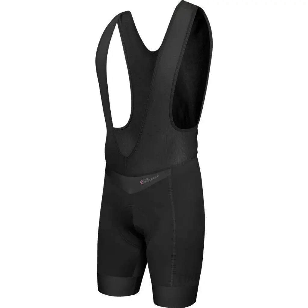 Women's black core bibs with a snug 6 cm elite gripper legband, supportive 240gsm lycra, and comfy mesh straps.