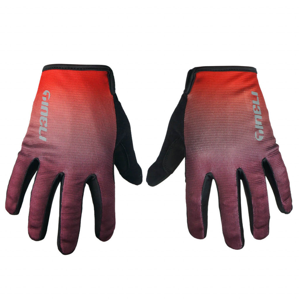 Vibrant red trail gloves with ventilated faux leather palms and silicone grip details for a secure, comfortable ride on rough terrain.