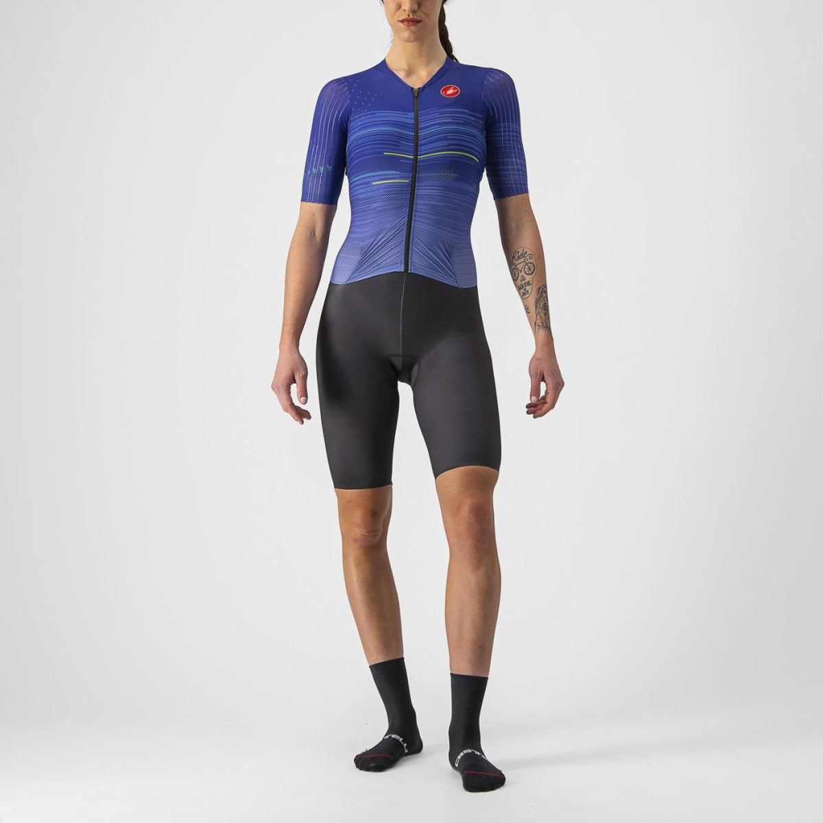 Women's Castelli PR Speed Suit in sleek black with silicone ribbed sleeves, designed for ultimate aerodynamics and comfort.