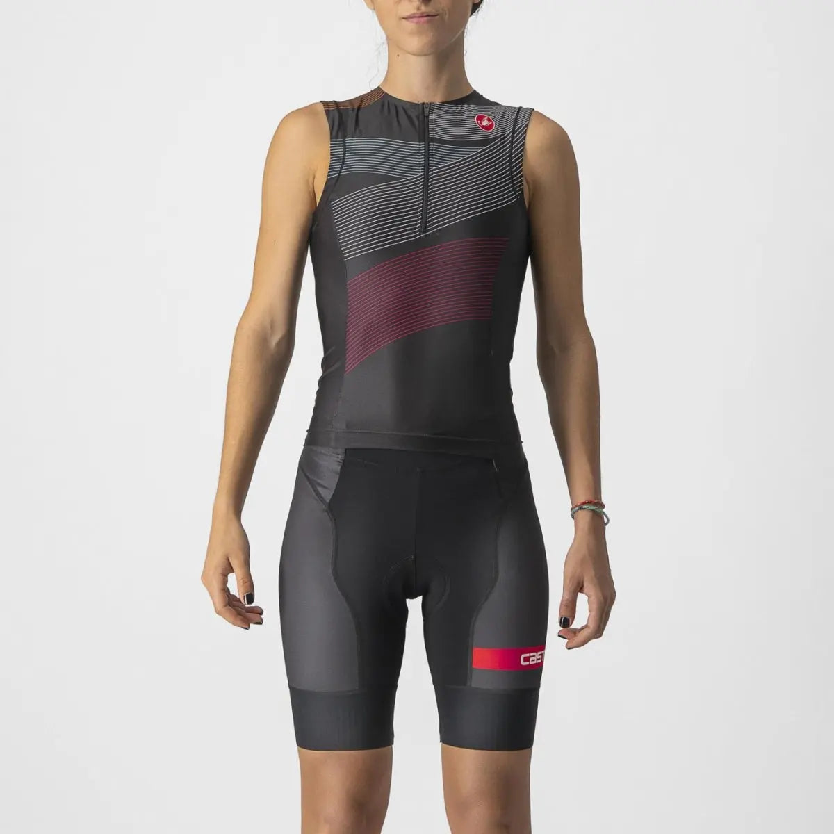 Women's Castelli Free 2 Tri Singlet in a sleek, sleeveless design with aero fabric and breathable mesh for triathlon performance.
