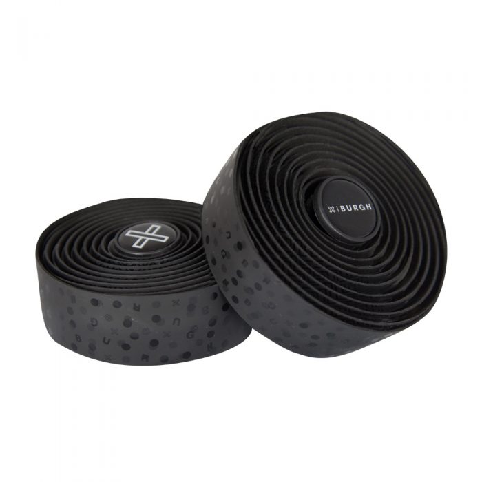 Sleek black BURGH Bar Tape Bokeh Stealth with glossy black print, designed for cyclists and photographers, on a bike handlebar.