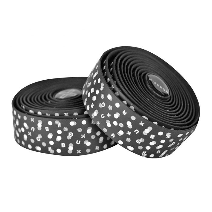 Stylish BURGH Bar Tape in Bokeh White with a glossy white print on black, designed for cycling enthusiasts and photographers.