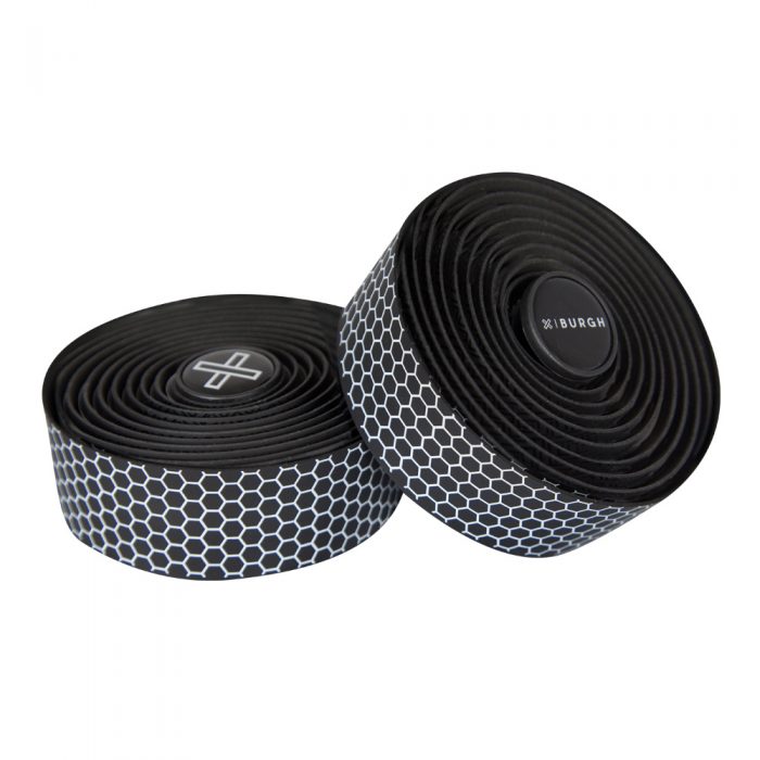 White Burgh Hex Bar Tape with a honeycomb pattern, showcasing a glossy finish and black base for stylish bike handlebars.