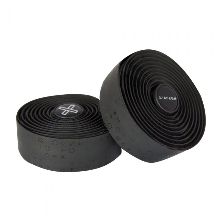 Sleek black BURGH Hieroglyph Stealth Bar Tape with subtle Egyptian-inspired grid patterns and glossy black accents.