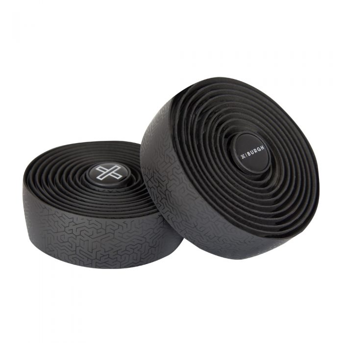 Sleek black BURGH Bar Tape Matter Stealth with a glossy, maze-like pattern, perfect for wrapping bike handlebars.