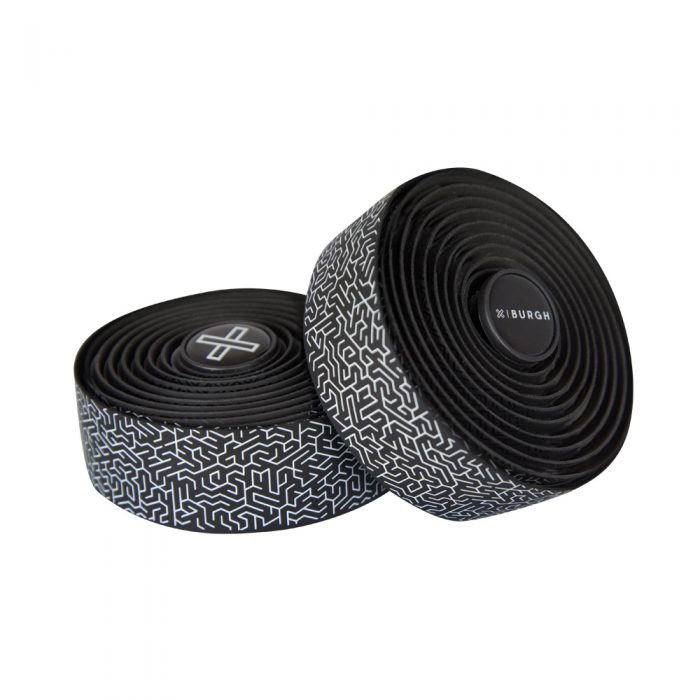 Stylish BURGH Matter White Bar Tape featuring a unique maze-like pattern in glossy white on a black base, perfect for bike handlebars.