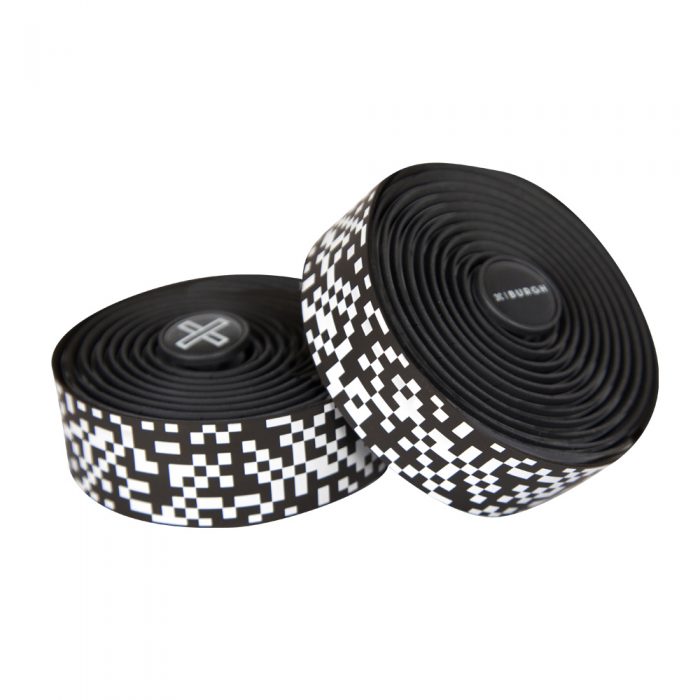 Retro-inspired BURGH Pixel White Bar Tape in black with glossy white pixelated 8-bit game design, evoking 1970s nostalgia.