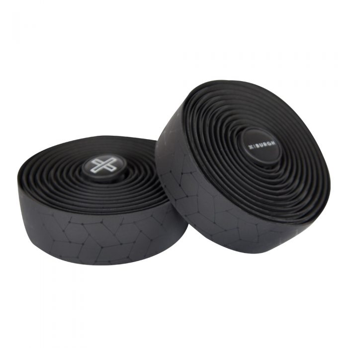 Sleek black BURGH Bar Tape Silk Stealth with a glossy finish, offering a luxurious, comfortable grip for bike handlebars.
