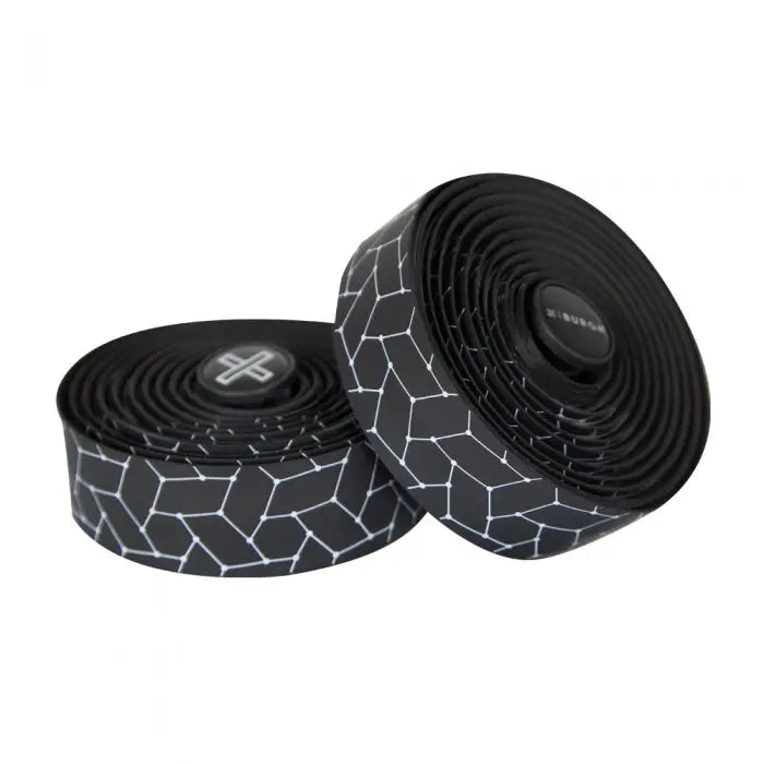 Smooth white Burgh Bar Tape with a glossy finish, mimicking the luxurious feel of silk on a sleek black base for bike handles.