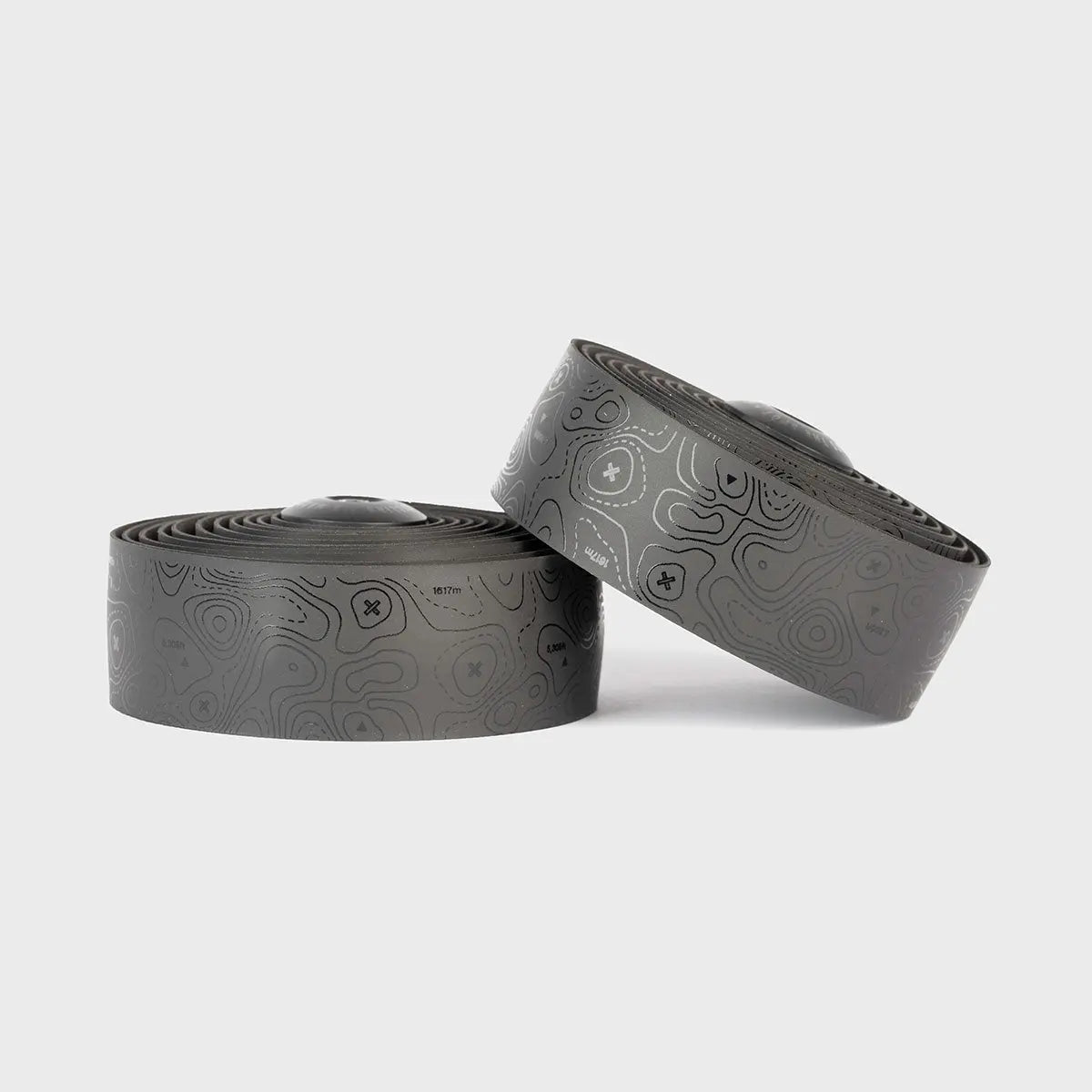 Sleek black Burgh Ossa Stealth Bar Tape with a glossy topographic map pattern and signature X’s for stylish, grippy bike handle comfort.