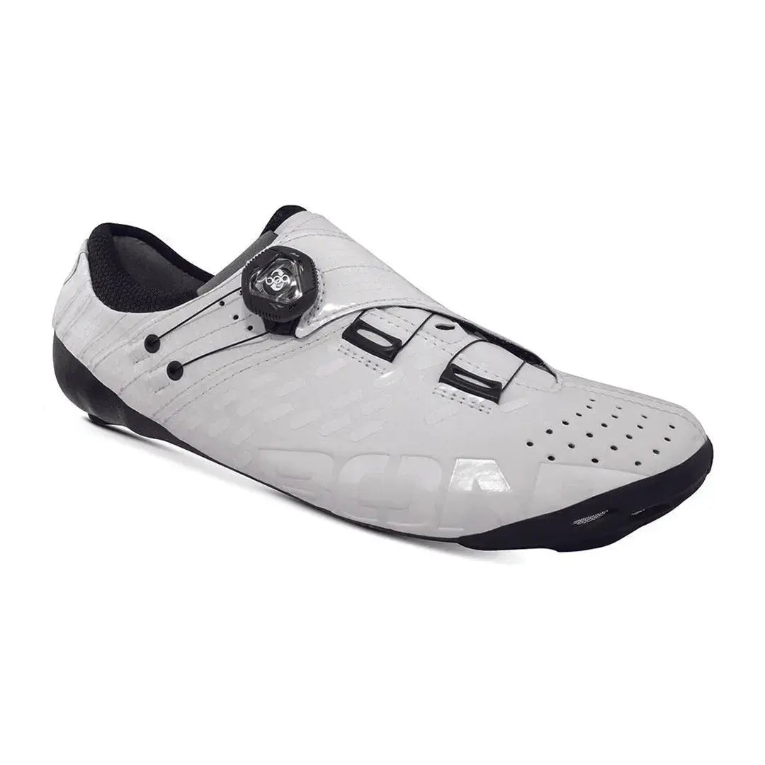 Stylish Bont Helix Matte & Gloss White cycling shoes in wide fit, showcasing a sleek carbon chassis and BOA fit system.