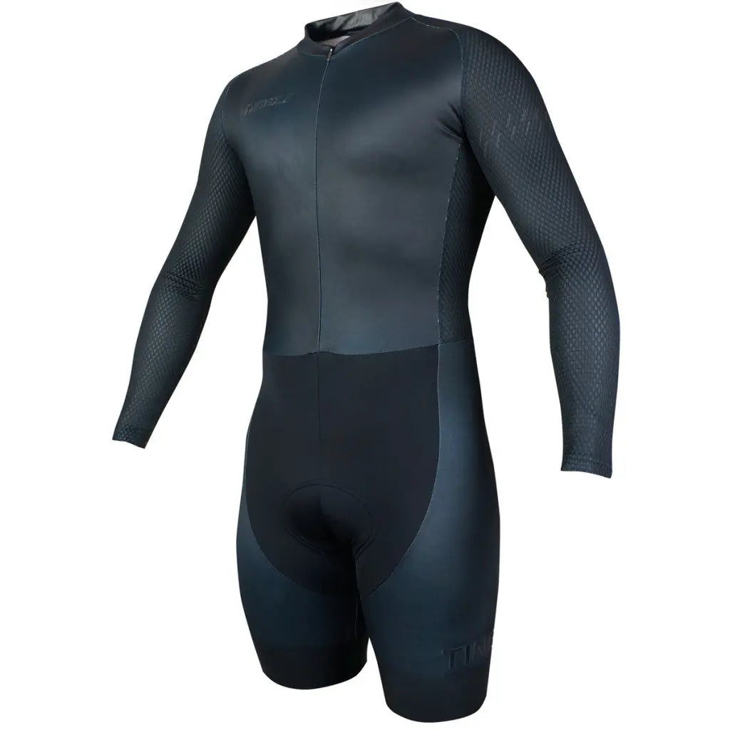 Sleek Core Speedsuit with long waffle-textured sleeves, aerodynamic design, low-cut collar, and full-length zip for optimal performance.