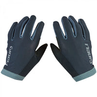 Black trail gloves with ventilated faux suede palms, silicone grip details,and elasticated cuffs for a secure,comfy fit on any ride.