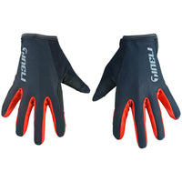 Vibrant red trail gloves with ventilated faux leather palms, silicone grip details,and snug elasticated cuffs for biking.