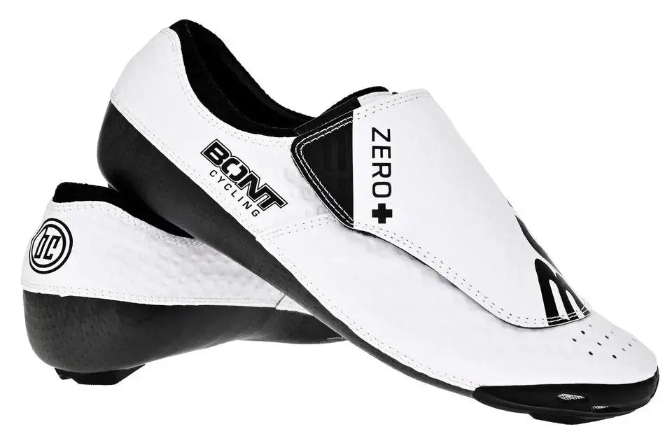 Sleek white and black Bont Zero+ Li2 cycling shoe in wide fit, showcasing an aerodynamic design with a central BOA dial.