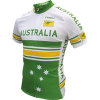 Vibrant Aussie Cycling Jersey in green and gold, featuring a full-length zip, multiple pockets, and reflective piping.