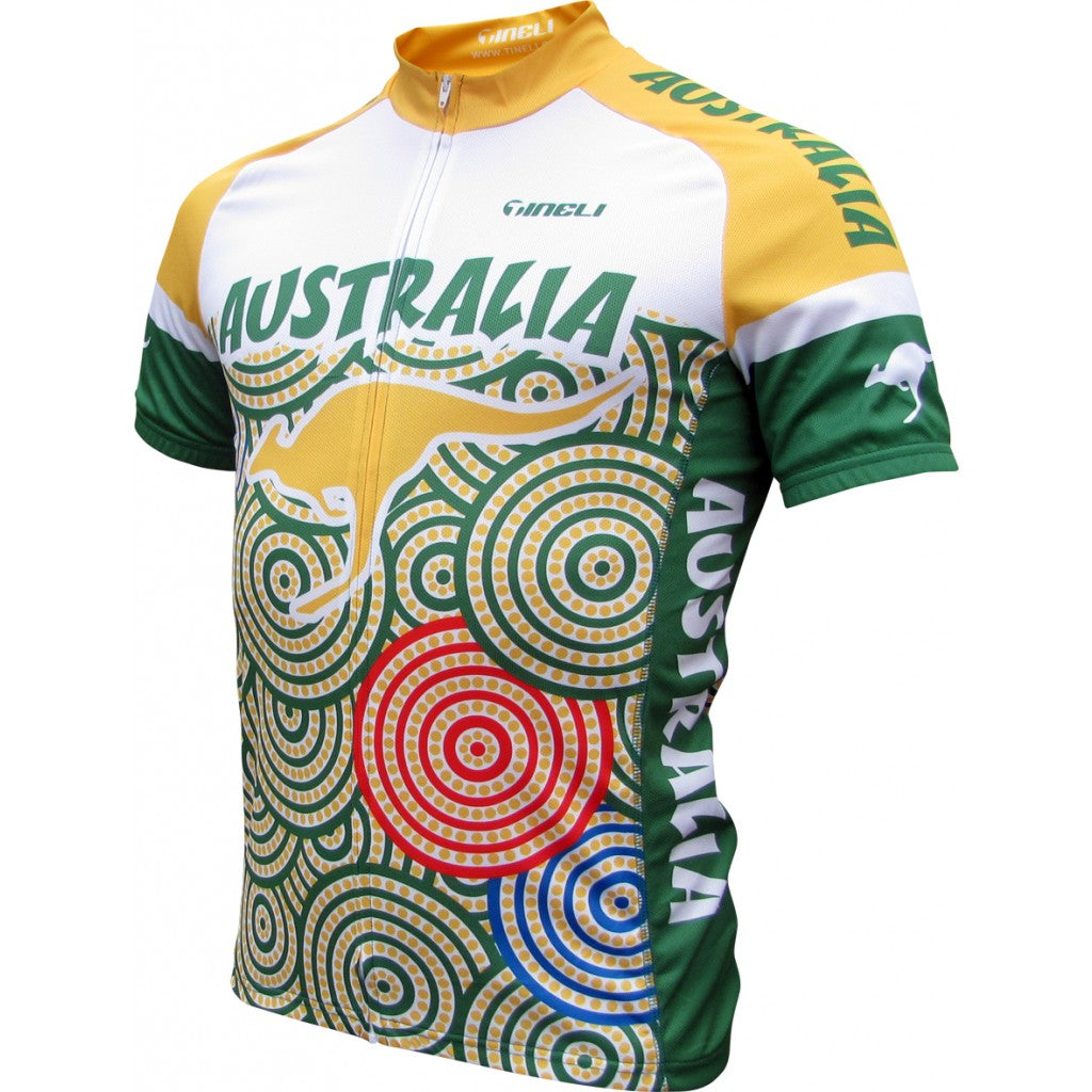 Vibrant Aboriginal Cycling Jersey featuring bold, cultural patterns inspired by Australian Indigenous art and heritage.