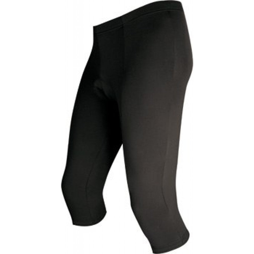 Cozy 3/4 tights in sleek black Velors brushed lycra, perfect for cold weather rides with a comfy, seamless chamois.