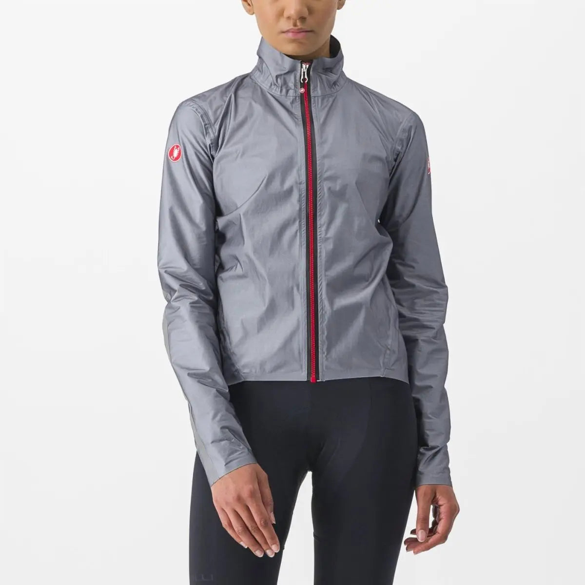 Lightweight women's Castelli Tempesta Lite Jacket in sleek design, featuring waterproof GORE-TEX® fabric and reflective sleeve tape for visibility.