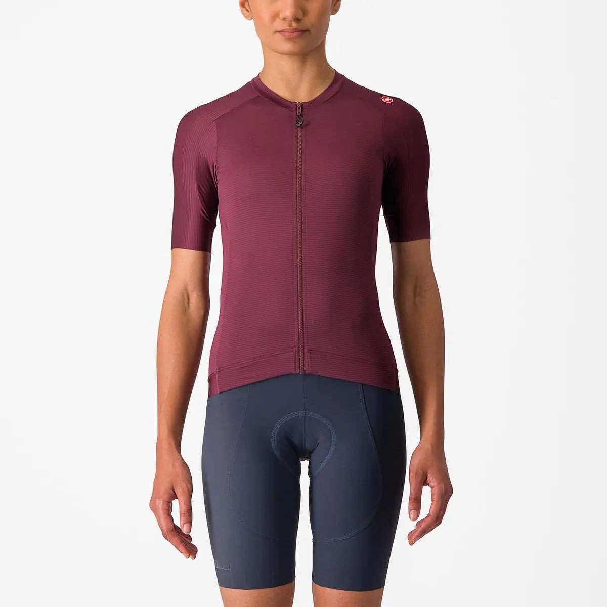 Women's Castelli Espresso W Jersey in a sleek, tailored fit, featuring breathable Air_O Stretch fabric and raw-cut sleeves.